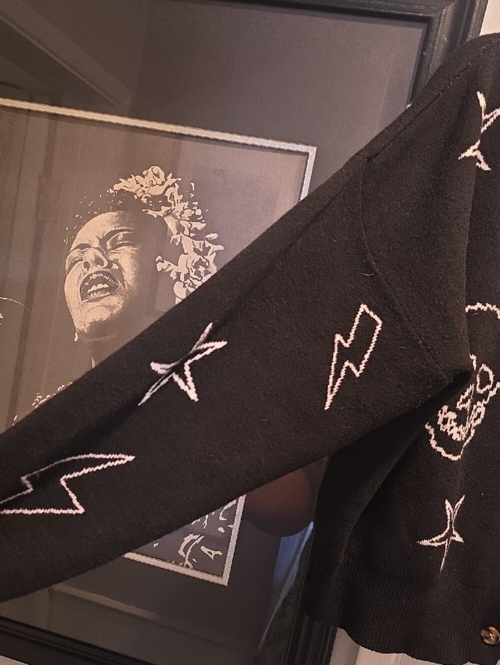 No Boundaries Black Cardigan with White Skull & Star Knit - Picture 3 of 5